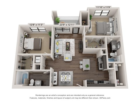 Floor plan for 2 beds, 2 baths, 1072 sqft